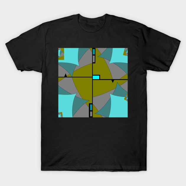 Geometric crossing. Abstract pattern in olive, black, grey, aqua blue and jade T-Shirt by innerspectrum